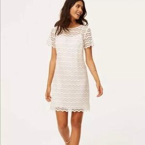 Ann Taylor LOFT Sz 4 Ivory Layered Lace Chevron Crochet Shift Dress s Off White